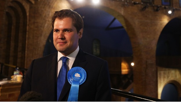 Victorious Conservative candidate Robert Jenrick at the Newark by-election count. I'm more interested in the brick arches behind him to be honest.
