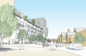 What might have been - an early proposal sketch (looking north up Woolwich New Road) showing trees, hanging gardens, and front doors facing onto the street.