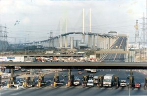 Cars coming up to the toll gates at the Dartford Crossing. Despite increases in tolls for long-distance users, hefty discounts for local drivers encourage unnecessary journeys and add to the tailbacks  