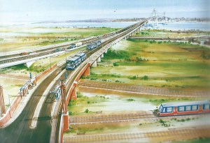 This Artist's Impression of the Lower Thames Crossing, proposed by Steve Norris in the mid-1990s, shows dinky trolley buses running on dedicated lanes with overhead cables  - a commitment that was later dropped